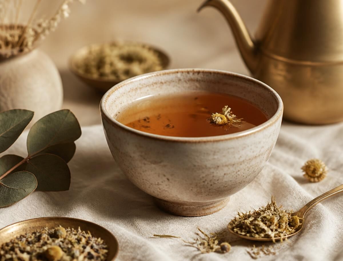 陶碗中的花草茶與乾燥花材